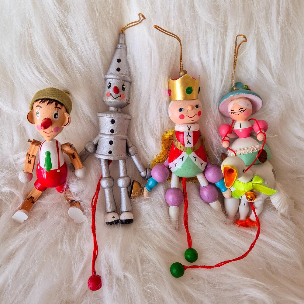 Vintage 1980s Kurt S Adler Wooden Pull String Christmas Ornaments Set of 4